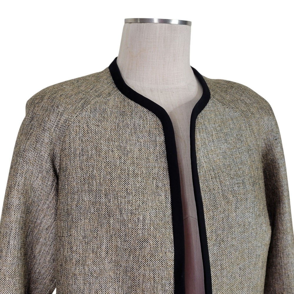 Kasper Tweed Skirt Suit 8 Black Tan Open Blazer 3/4 Sleeve Back Zip Kick Pleat - Picture 4 of 11